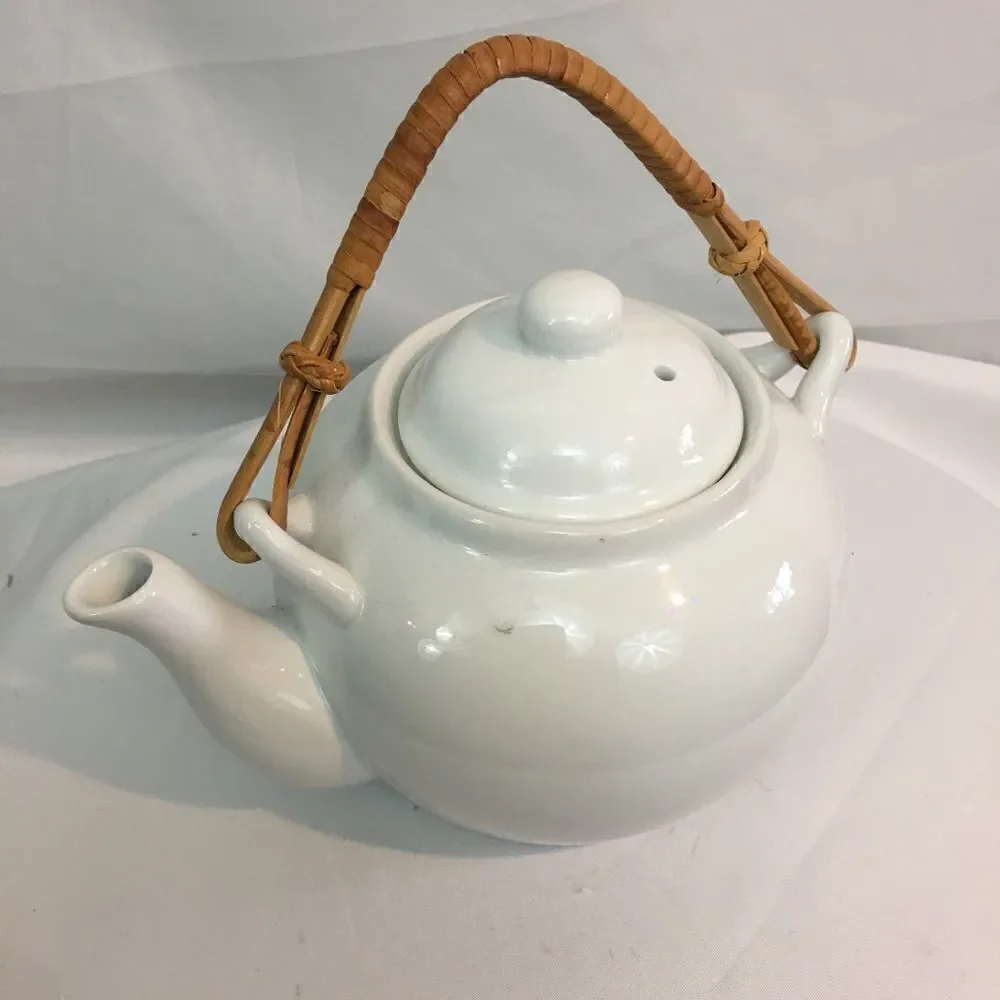 Pier 1 Sakai Bamboo Handle White Porcelain Teapot